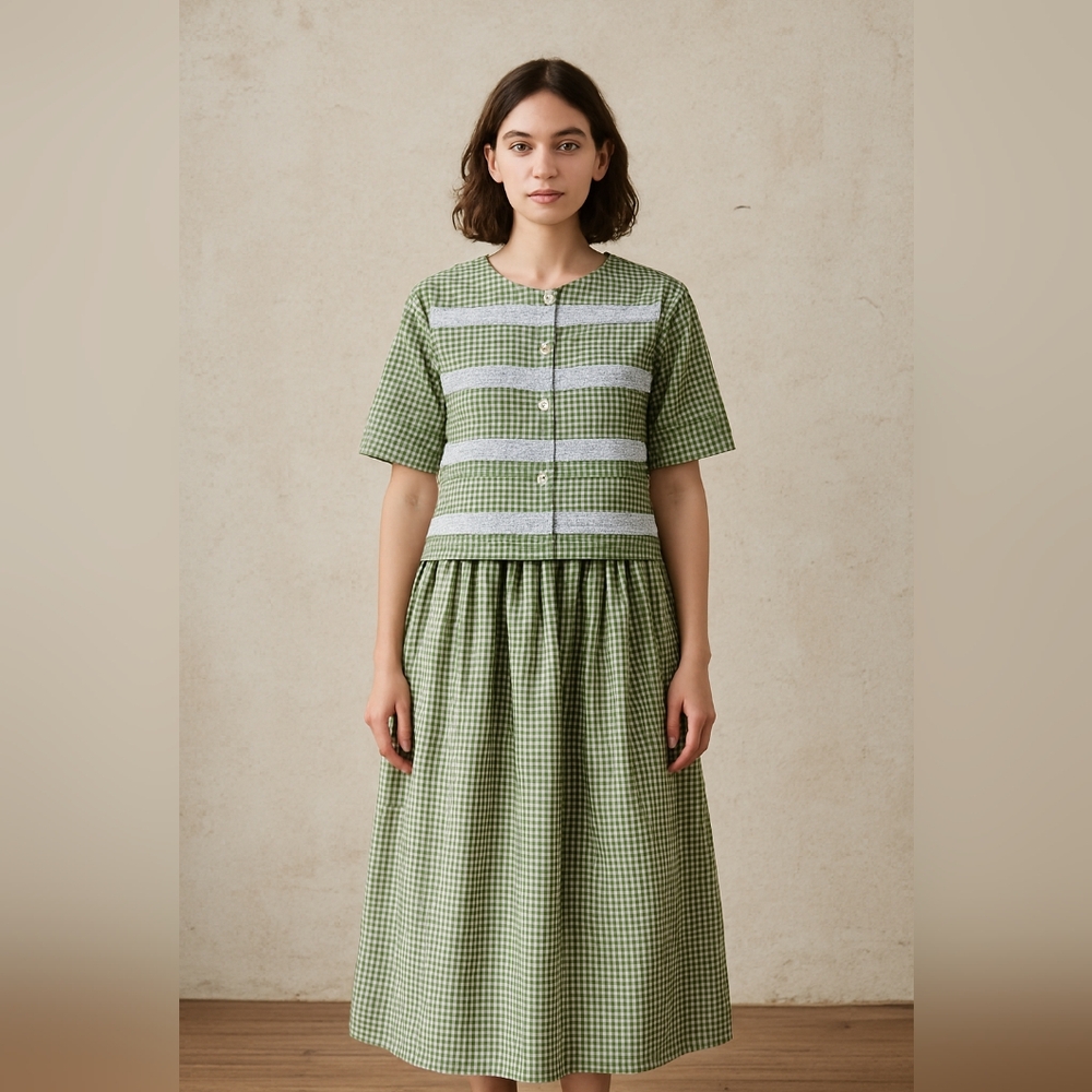 Vintage Plaza‎ South Green Gingham Midi Dress Shoulder Pads Size 12